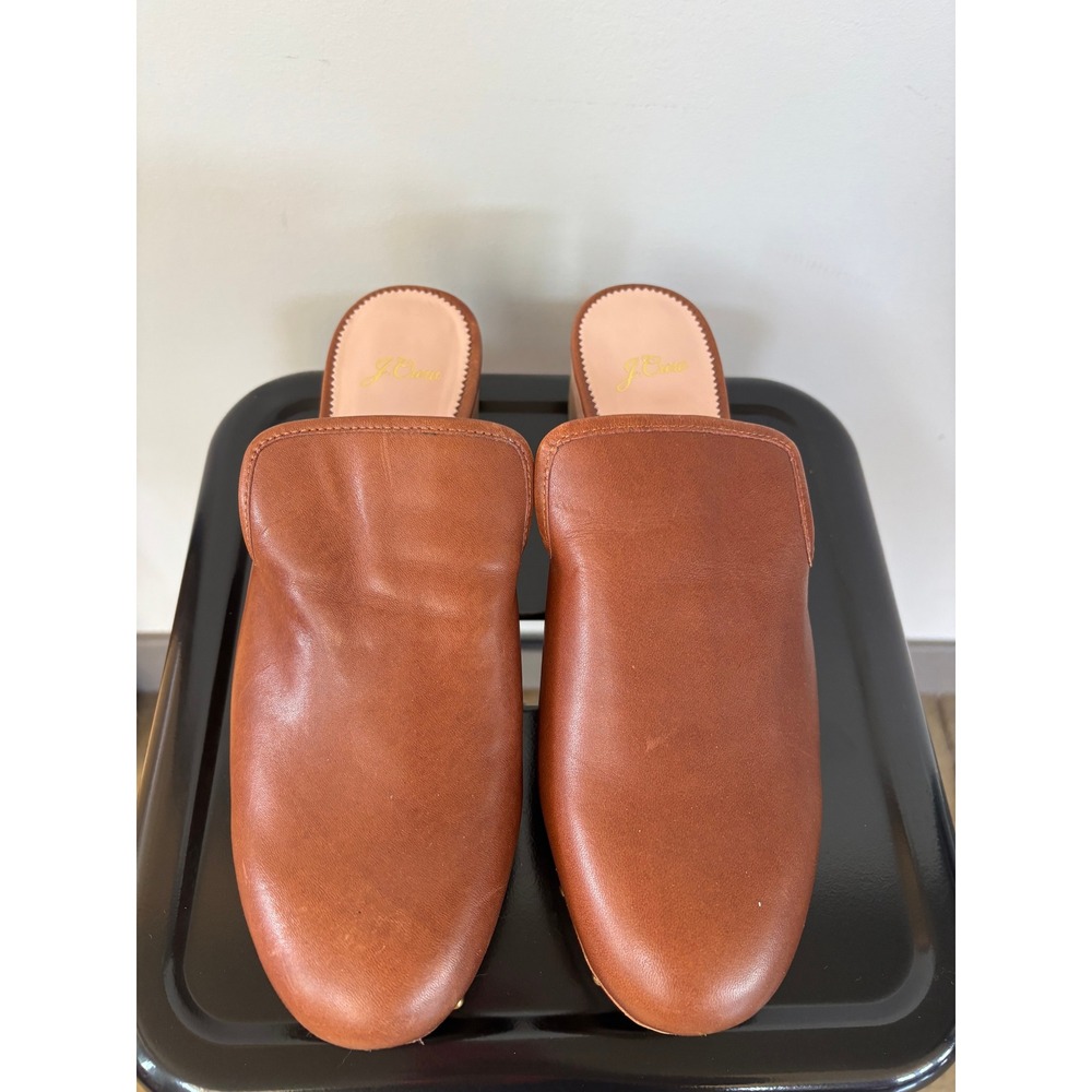 J.Crew Leather Clogs Brown Wooden Block Heel Studded Mules AQ675 Womens 10